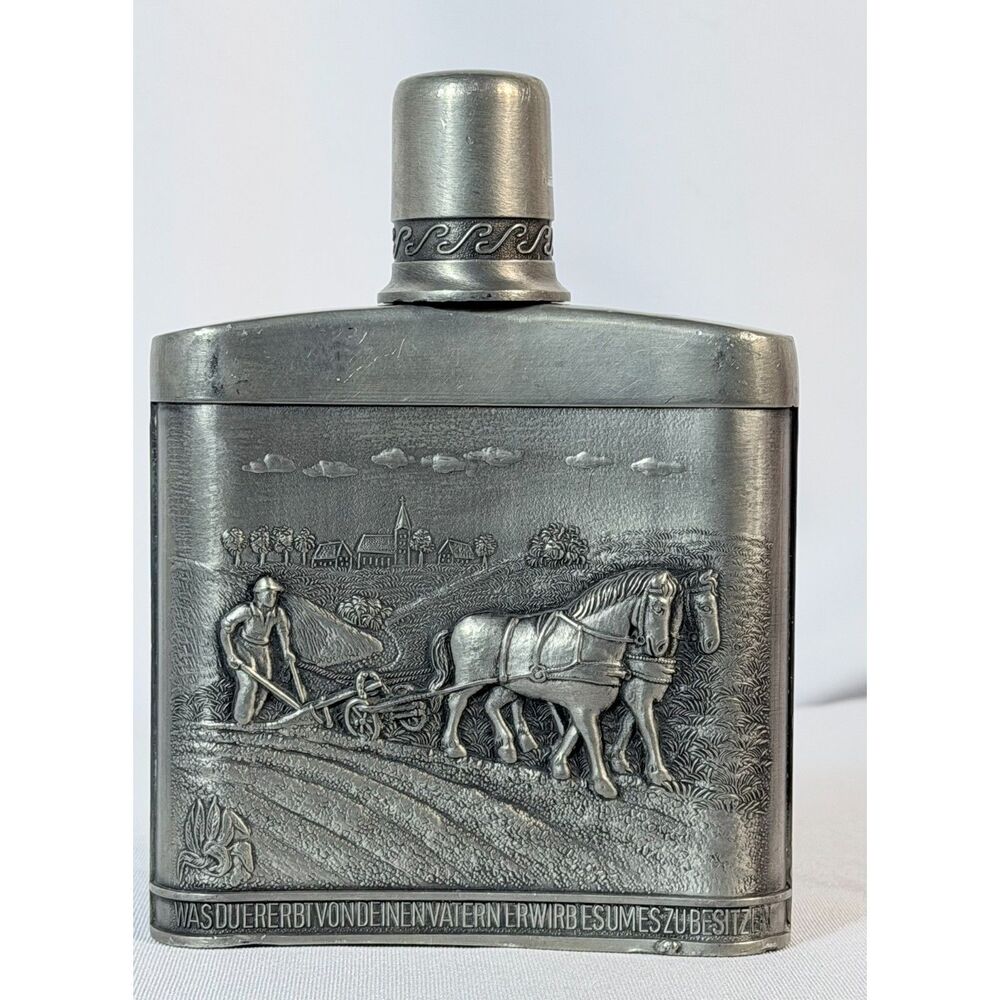 Zinn 95% Pewter Germany Austria Countryside Liquor Flask Farm Horses RARE
